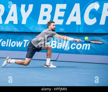 Delray Beach, Palm Beach County, noi. Il 21 febbraio, 2017. American tennis pro TIM SMYCZEK in azione sulla corte durante la Delray Beach Open, ATP World Tour primo round al Delray Beach Tennis Center. Canadian MILOS RAONIC sconfitto 6-1, 6-4. Credito: Arnold Drapkin/ZUMA filo/Alamy Live News Foto Stock