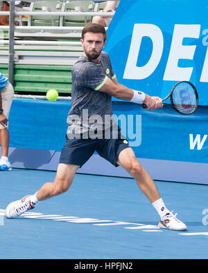 Delray Beach, Palm Beach County, noi. Il 21 febbraio, 2017. American tennis pro TIM SMYCZEK in azione sulla corte durante la Delray Beach Open, ATP World Tour primo round al Delray Beach Tennis Center. Canadian MILOS RAONIC sconfitto 6-1, 6-4. Credito: Arnold Drapkin/ZUMA filo/Alamy Live News Foto Stock