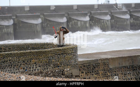 Brighton, Regno Unito. Il 22 febbraio, 2017. Un viandante si blocca sul suo cappello forti venti in Brighton Seafront questa mattina come tempesta doris si dirige verso la Gran Bretagna nei prossimi giorni . credito: simon dack/alamy live news Foto Stock