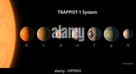 (170222) -- NEW YORK, 22 febbraio, 2017 (Xinhua) -- la illustrazione rilasciato dalla NASA il 22 febbraio, 2017 mostra l'artista del concetto di ciò che la Trappa-1 sistema planetario può sembrare, basato sui dati disponibili circa i pianeti' diametri, le masse e le distanze dalla stella di ospite. Un analogo compatto del nostro sistema solare interno circa 40 lontano anni luce dalla Terra è stato scoperto, la NASA ha annunciato nel corso di una conferenza stampa il mercoledì. Un team internazionale di astronomi utilizzando potenti telescopi spaziali e terrestri e gli osservatori hanno scoperto il primo sistema noto di sette effettivamente messa a terra Foto Stock