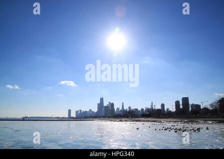 Vista dal lato nord di Chicago congelati e gelido lago Michigan lago mentre oche sedersi sul ghiaccio durante una frigida gennaio in inverno Foto Stock