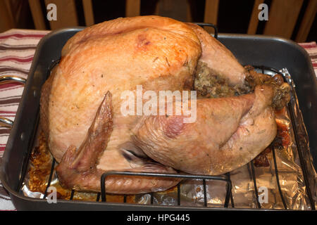 Carni arrosto di tacchino pronto per essere intagliato in famiglia per il giorno del Ringraziamento tavolo per la cena. Champlin Minnesota MN USA Foto Stock