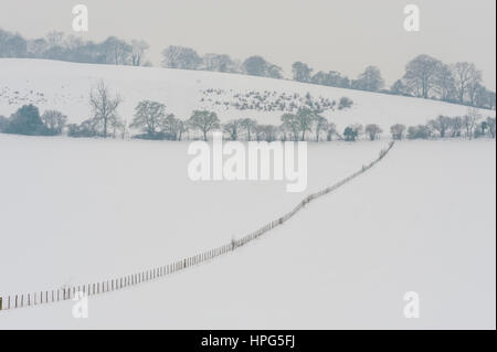 I campi e le siepi vicino Luddesdown kent dopo una pesante caduta di neve Foto Stock