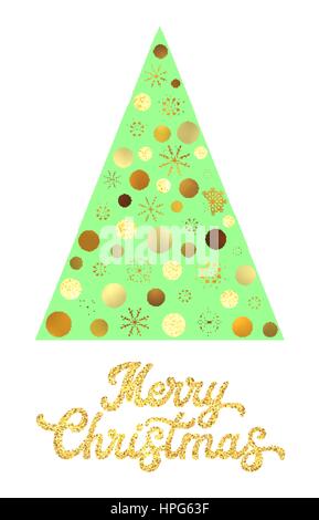 Verde stilizzata albero di Natale isolato su sfondo bianco con oro glitter texture scritte a mano design. Xmas card con cerchi dorati e fiocchi di neve. Tanti auguri vettore illustrazione dei font Illustrazione Vettoriale