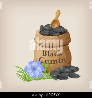Nigella sativa (cumino nero) in piccoli sacchi. Illustrazione Vettoriale. Illustrazione Vettoriale