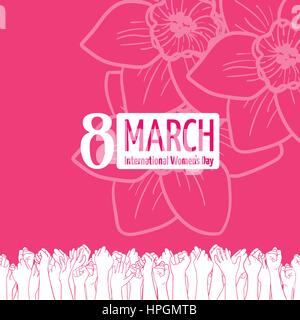 Marzo 8 card o il modello di pagina di intestazione. Storicamente, International Womens giorno è il giorno dei diritti delle donne e di emancipazione Illustrazione Vettoriale