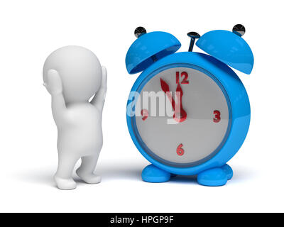 White 3d persona guardando un big blue sveglia (3D illustrazione isolato su uno sfondo bianco) Foto Stock