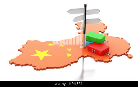 3D render image. Cina mappa con le valigie e signpost. Concetto di viaggio. Isolato sfondo bianco Foto Stock