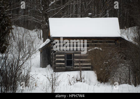 Segato vecchi log cabin nella neve in inverno il paesaggio, con alberi e neve. Foto Stock