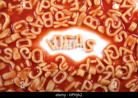 Idee scritto in spaghetti lettere circondato con lettere illeggibili. Foto Stock
