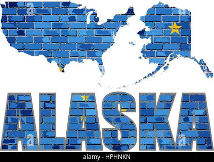 Alaska su un muro di mattoni - Illustrazione, Alaska bandiera dipinta su un muro di mattoni, Font con il flag di Alaska, Alaska mappa su un muro di mattoni Illustrazione Vettoriale