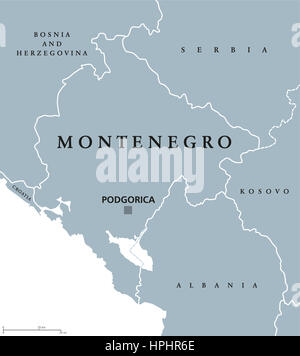Montenegro mappa politico con capitale Podgorica e paesi vicini. Stato sovrano in Europa sud-orientale sulla penisola balcanica. Foto Stock