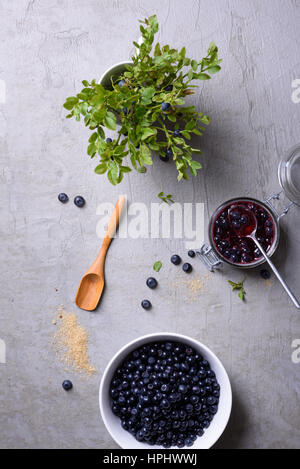 Mirtillo in una ciotola e dolce marmellata di frutti di bosco, vista dall'alto, copia dello spazio. Prodotti organici. Foto Stock