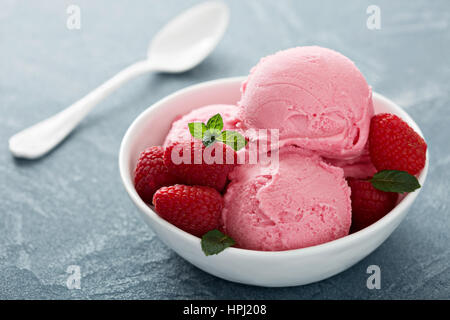 Gelato al lampone in bianco ciotola close up Foto Stock