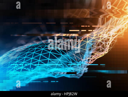 Tecnologia complessa nozione di rete con grande i dati e le informazioni visualizzate nei poligoni. 3D illustrazione Foto Stock