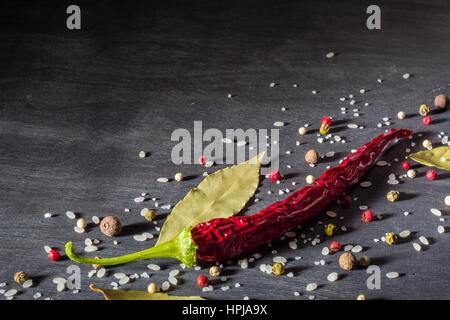 Peperoncino rosso piccante spezie e la foglia di alloro sull'albero nero. Vista da sopra. Spazio per il testo. Foto Stock