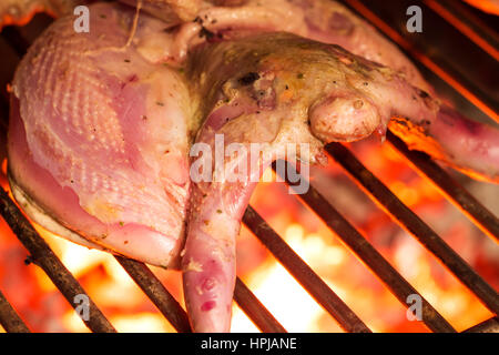 Arrosto di fagiano di monte pernice quaglia su grill. Profondità di campo Foto Stock