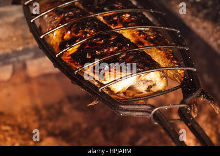 Sgombro pesce arrostito su carbone sul grill. Profondità di campo Foto Stock