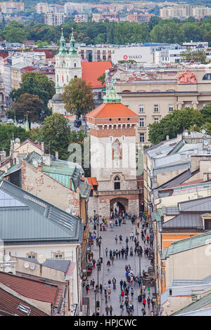 Via Florianska con Florian's Gate,città vecchia, Cracovia, Cracovia, Foto Stock