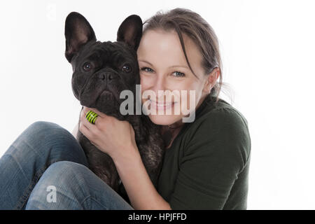 Modello rilasciato , Frau und Franzoesische Bulldogge - Donna e bulldog francese Foto Stock