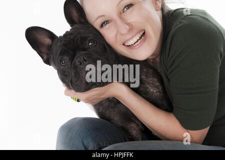 Modello rilasciato , Frau und Franzoesische Bulldogge - Donna e bulldog francese Foto Stock