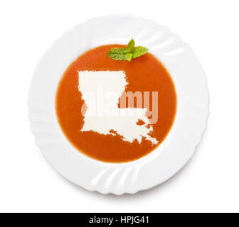 Un piatto di zuppa di pomodoro con la crema di latte in forma di Louisiana.(serie) Foto Stock
