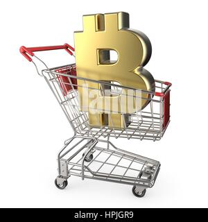 Red Carrello spesa con golden bitcoin cambio segno 3D render illustrazione isolati su sfondo bianco Foto Stock