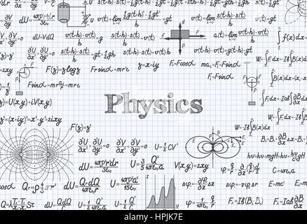 Vettore fisico sullo sfondo del modello con le formule e le equazioni e figure, scritto in un notebook Illustrazione Vettoriale