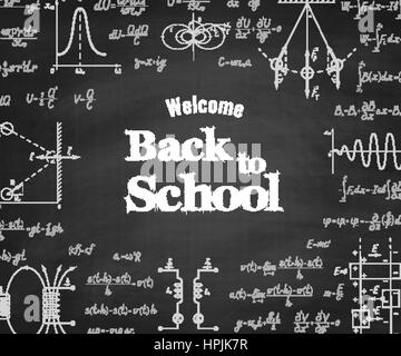 Benvenuti torna a scuola con le formule di fisica e la figura sulla scuola di blackboard su sfondo. Istruzione scolastica sfondo vettoriale Illustrazione Vettoriale