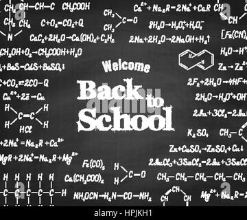 Benvenuti torna a scuola con le formule chimiche e figura sulla scuola di blackboard sullo sfondo. Scuola Educazione chimica vettore sfondo testurizzata Illustrazione Vettoriale