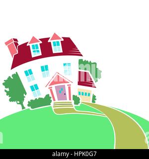 Illustrazione di un cartoon house sulla cima di una collina in primavera o in estate, all'interno arrotondato paesaggio verde Illustrazione Vettoriale