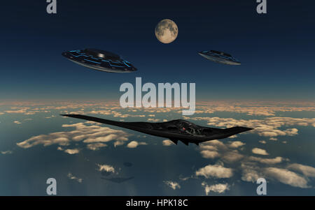 A B-2 Spirit bombardiere Stealth essendo scortato da due UFO Foto Stock