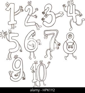 Set di simpatici e divertenti numero di colorati personaggi, cartoon illustrazione vettoriale isolati su sfondo bianco. Illustrazione Vettoriale