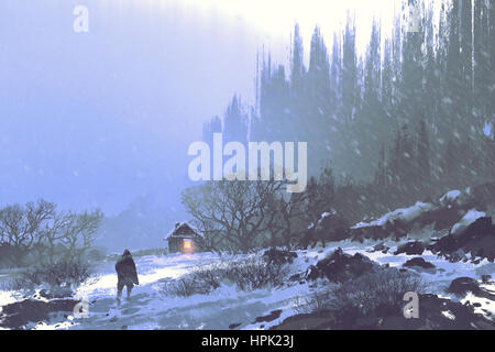 Paesaggio invernale con la tempesta di neve e di un uomo che cammina per la casa in legno,illustrazione pittura Foto Stock