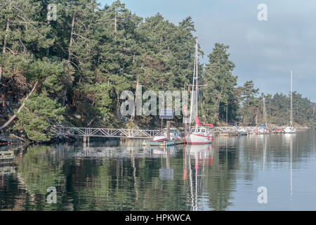 La luce del mattino a inizio autunno nelle isole del golfo: docks, barche e di pannelli solari in linea le sponde di un piccolo di accesso all'acqua isola abitata da cottagers. Foto Stock