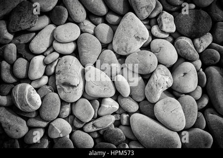 Fishguard, Galles - vignette di lisci ciottoli su una spiaggia in bianco e nero Foto Stock