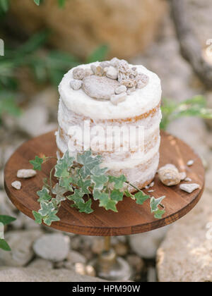 Naced torta con crema bianca su di un substrato di legno decorato con pietre decorative e verdi contro la natura dello sfondo. Foto Stock