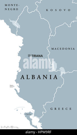 Albania mappa politico con la capitale Tirana, i confini nazionali e i paesi vicini. Repubblica e stato sovrano in Europa sud-orientale. Foto Stock