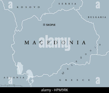 Macedonia mappa politico con capitale Skopje e paesi vicini. Repubblica in Europa sud-orientale sulla penisola balcanica. Ex Repubblica Iugoslava di M Foto Stock