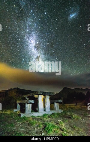 Via lattea con un incremento di oltre il banco di picnic vicino a Queenstown nz Foto Stock