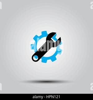 Icona dello strumento di manutenzione. In questa isolata piatto simbolo di ingranaggio utilizza moderne corporation la luce blu e nero i colori. Illustrazione Vettoriale