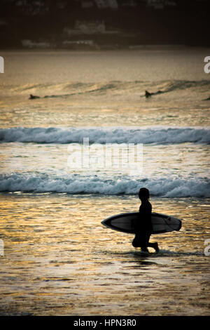 Un Cornish surfer lasciando l'acqua dopo una sessione Foto Stock