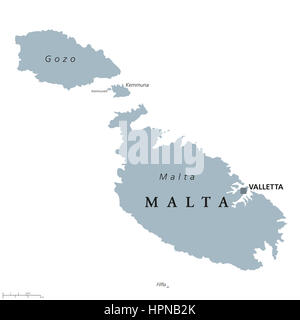 Malta mappa politico con capitale di Valletta. Repubblica e Sud Europa isola paese costituito da un arcipelago nel Mar Mediterraneo. Foto Stock