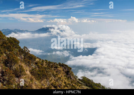 Paesaggio di montagna con la copertura nuvolosa che circonda il vulcano attivo di Gunung Sindoro e il Dieng Plateau. Montare Sindoro (in inglese) è un spectacul Foto Stock