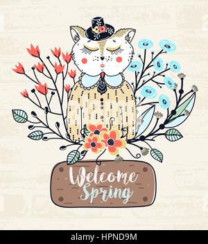 Molla di benvenuto. Saluto colorato sfondo con cute cat in fiori. Schizzo di animale. Scheda, cartolina, invito o poster. Illustrazione Vettoriale, ep Illustrazione Vettoriale