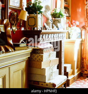 Un vivace soggiorno con un camino. Foto Stock