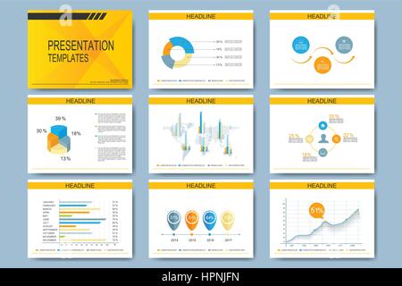 Set di modelli di vettore di multipurpose le diapositive della presentazione. Azienda moderna con design grafico e grafici Illustrazione Vettoriale