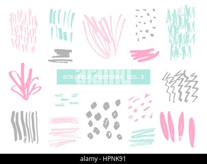 Un set di disegnati a mano scribble texture in colori pastello isolati su sfondo bianco. Illustrazione Vettoriale