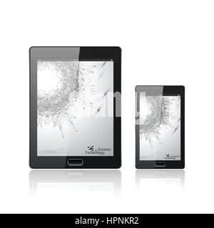 Digitali moderni PC tablet con smartphone mobile isolato sul bianco. Molecola e la comunicazione dello sfondo. Punti collegati e linee. Scienza e tecnologia concetto. Illustrazione Vettoriale Illustrazione Vettoriale