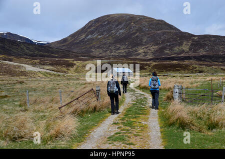 Tre gli escursionisti a piedi verso Dalnashallag Bothy in Glen Banchor sulla East Highland Way nelle Highlands scozzesi, Scotland, Regno Unito. Foto Stock
